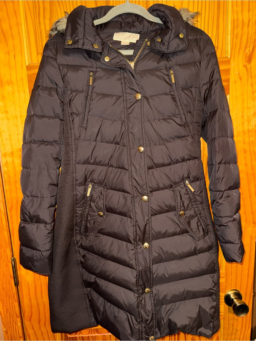 Michael Kors Women’s M Dark Brown Long Puffer Coat Faux Fur Hood